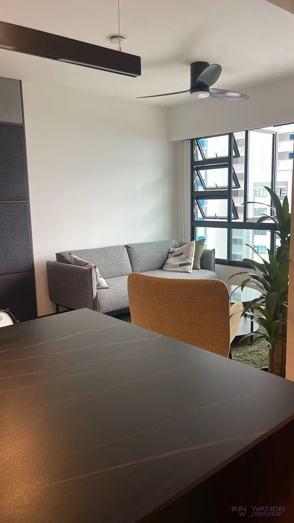 Condo renovation West Coast – breakfast counter overlooking the living area