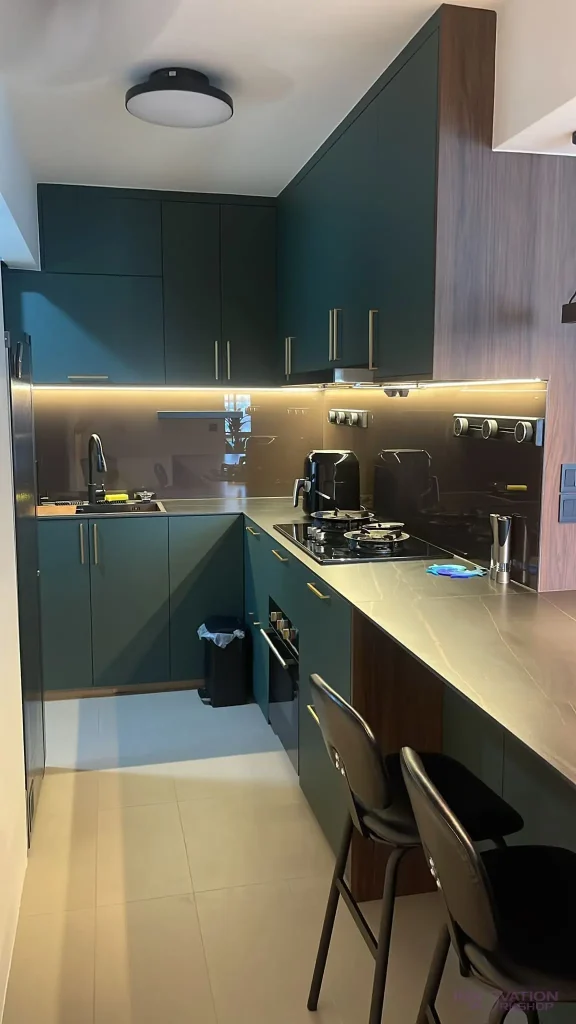 Condo renovation West Coast – green kitchen cabinets with under-cabinet lighting