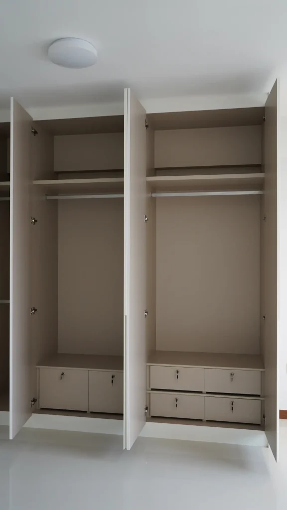 HDB renovation Woodlands – built-in wardrobe interior with hanging rails and lockable drawers