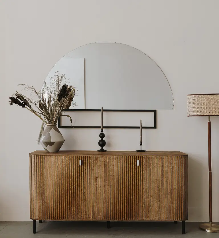 Elegant stylish wooden console, dried flowers bouquet, candles, rattan floor lamp, interior - Innovation Workshop Homepagedecorations.
