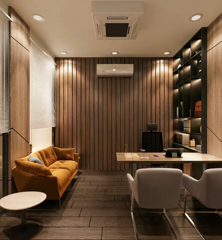 Modern Office Interior with Wooden Paneling