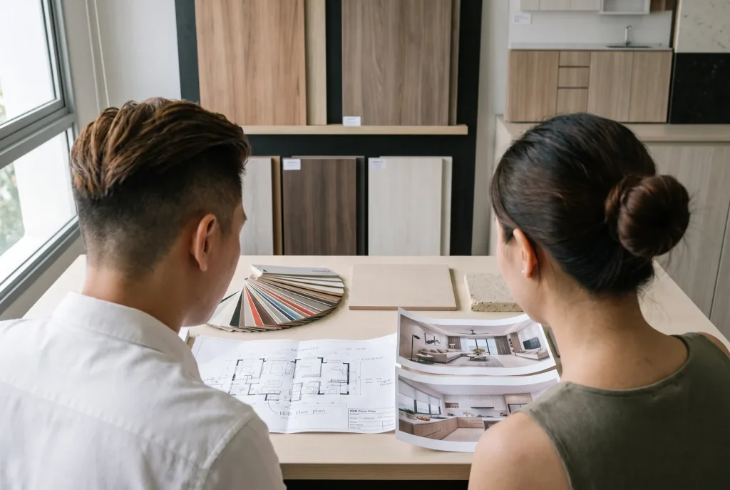 Illustration - designer and homeowner reviewing an HDB floor plan with laminate samples