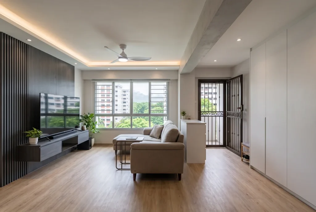Illustration - renovated HDB resale living room with slatted TV wall and full-height storage