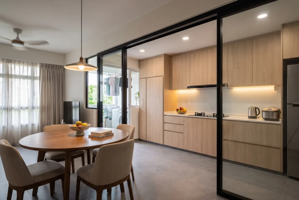 Illustration - HDB kitchen with oak laminate cabinets behind a glass sliding partition