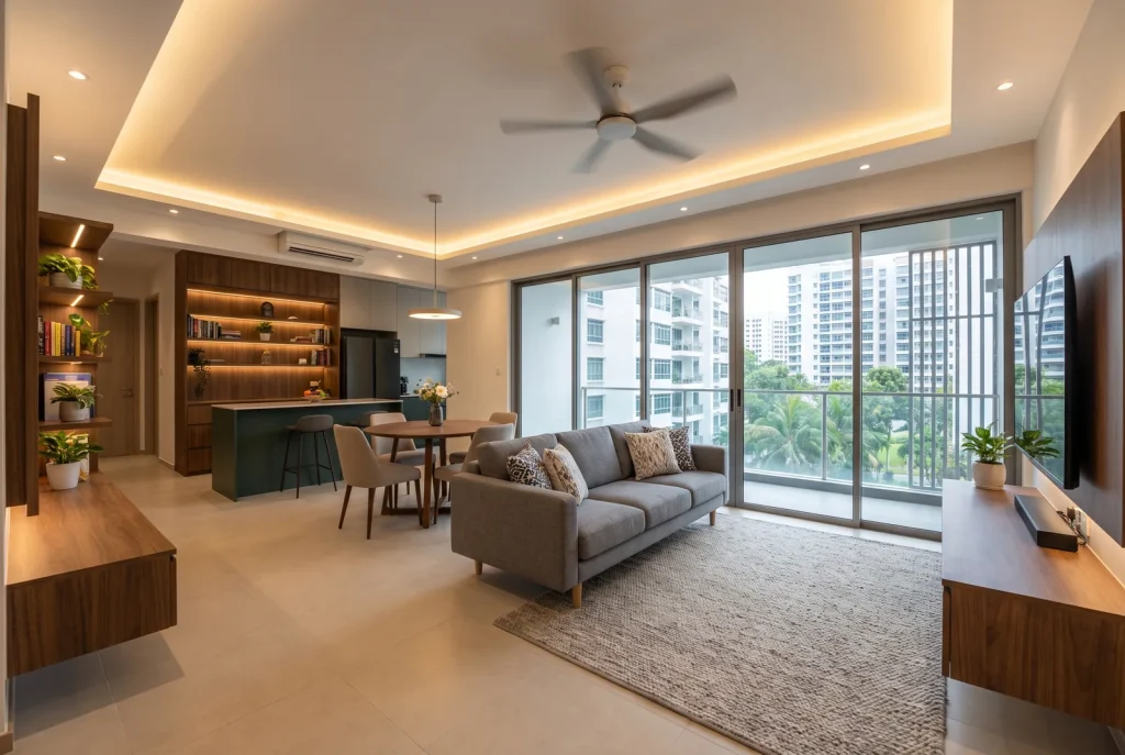 Illustration - furnished condo living and dining area with open kitchen island and balcony