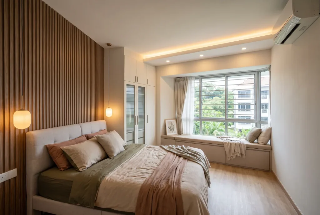Illustration - condo master bedroom with fluted headboard wall, wardrobe and bay-window seat