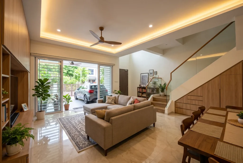 Illustration - landed house living room with timber-clad staircase, glass balustrade and storage wall