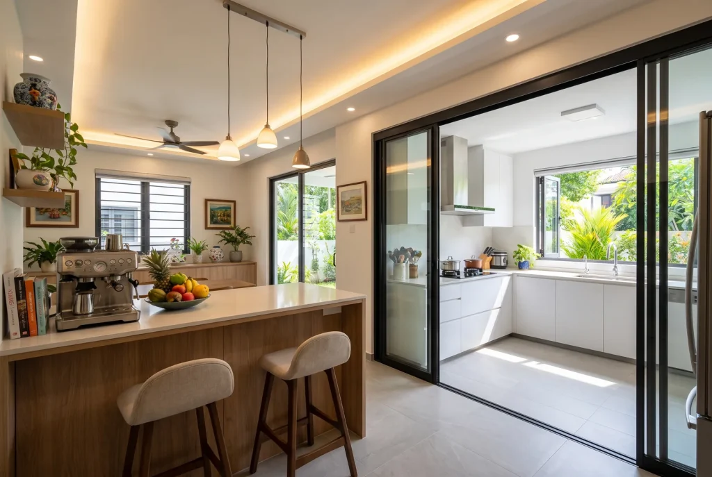 Illustration - landed house dry kitchen island with wet kitchen behind glass doors