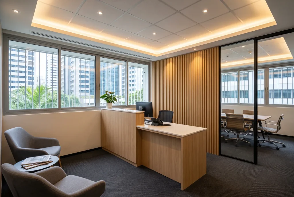 Illustration - small office reception with timber counter, slatted wall and glass meeting room