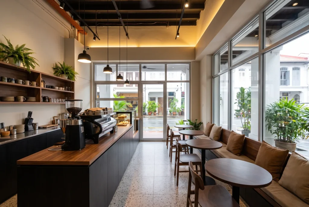 Illustration - shophouse cafe with service counter and built-in banquette seating