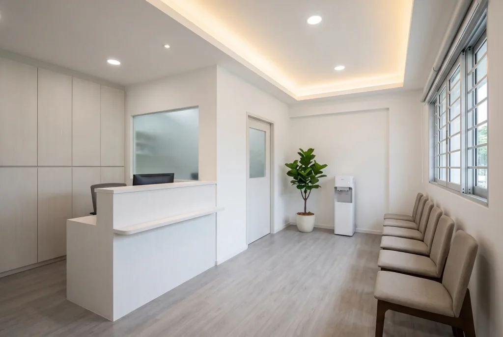 Illustration - neighbourhood clinic reception with dispensary window and waiting chairs