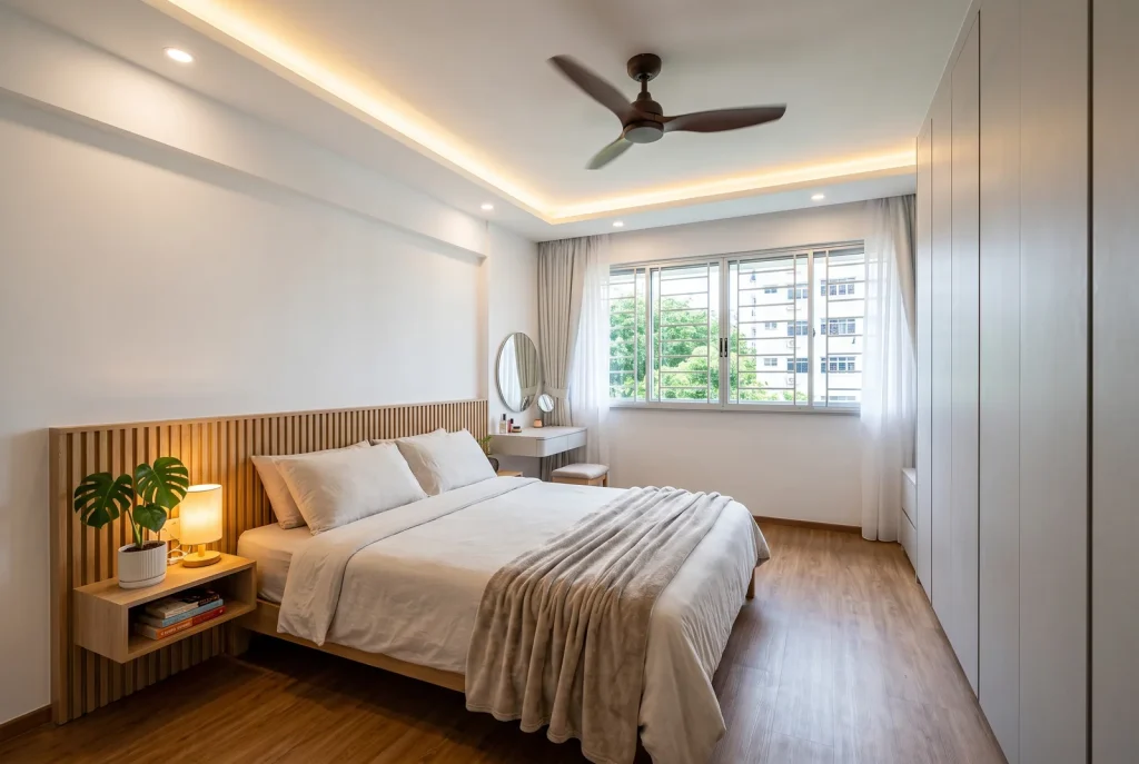 Illustration - HDB master bedroom with slatted headboard wall, wardrobe and dressing table
