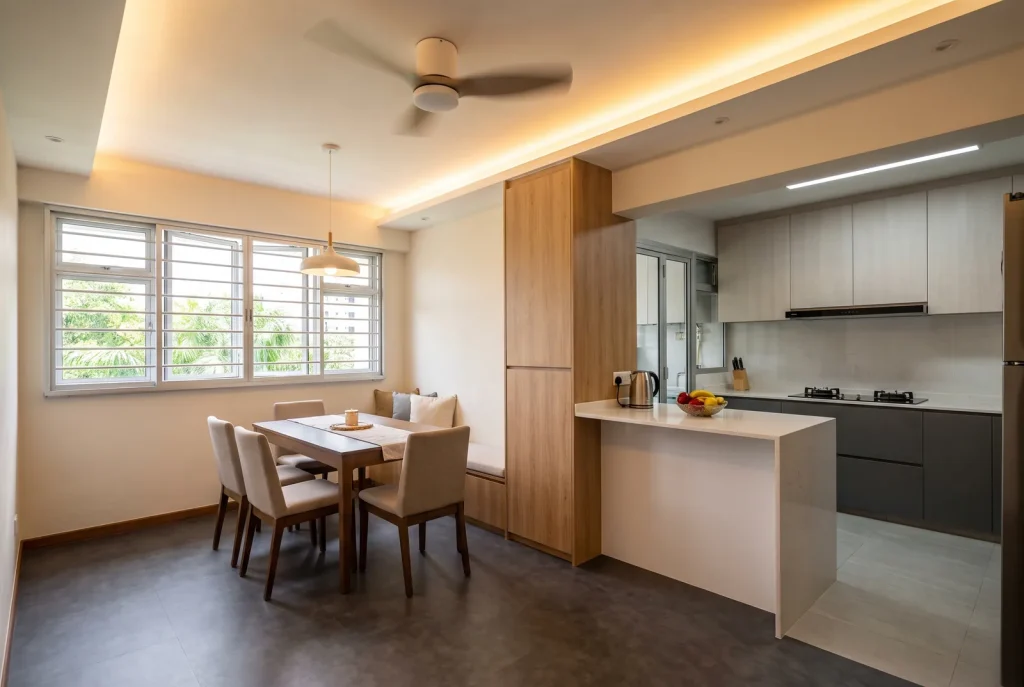 Illustration - HDB dining area with built-in bench and open kitchen peninsula
