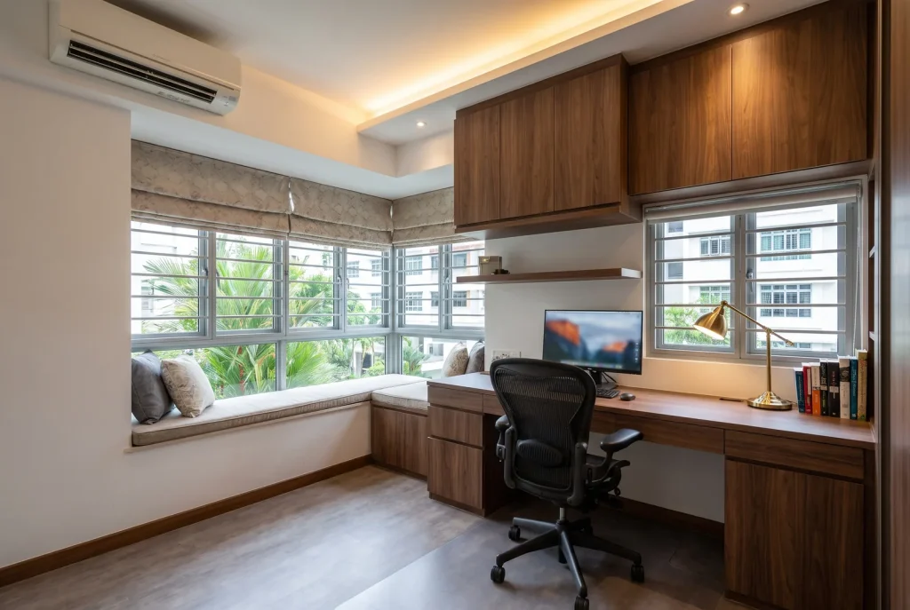 Illustration - condo study corner with built-in desk, shelving and bay-window seat