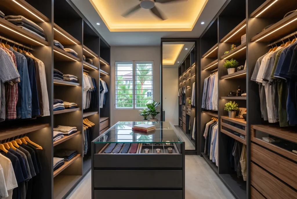 Illustration - landed house walk-in wardrobe with lit shelving and island drawers