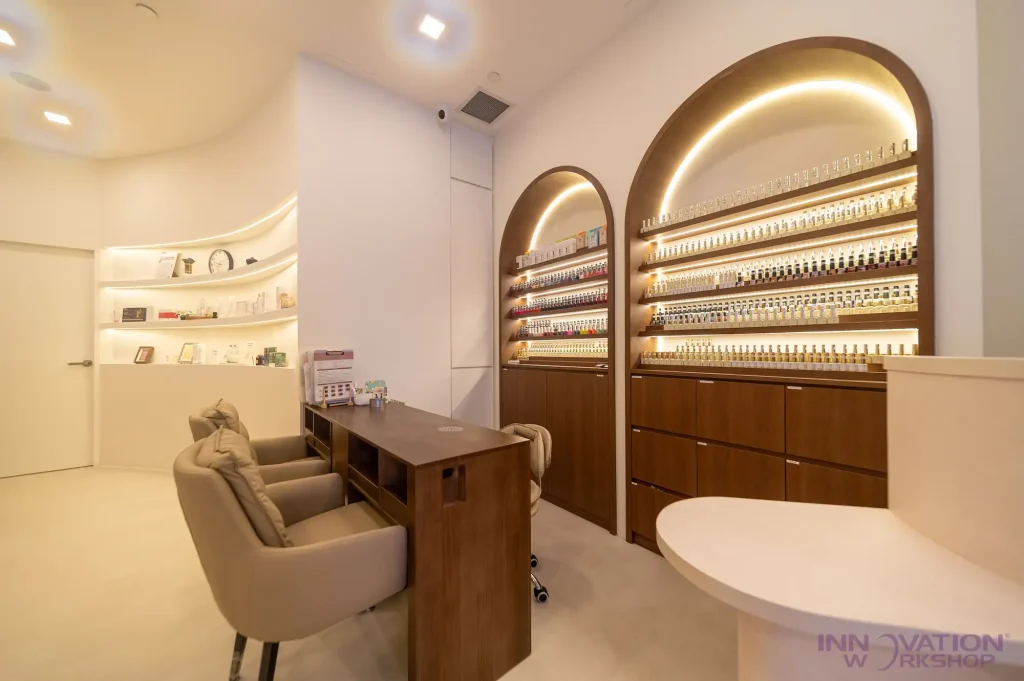 Beauty salon renovation Pasir Ris – nail station with arched polish display niches and base cabinets