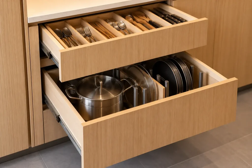 Illustration - kitchen drawer with cutlery tray and pot drawer
