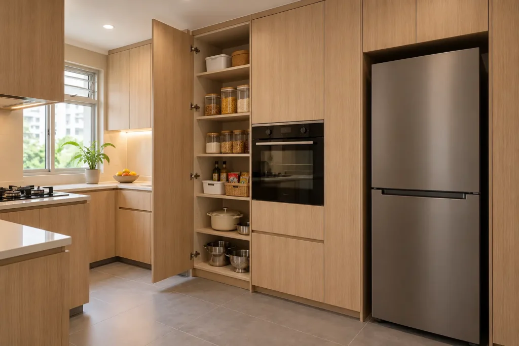 Illustration - light oak pantry cabinet and appliance wall