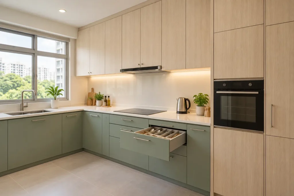 Illustration - sage green and light oak HDB kitchen