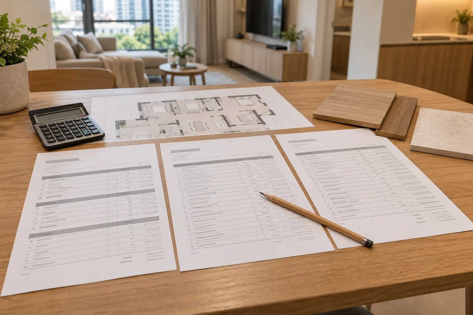 Illustration - three itemised renovation quotations laid side by side with a floor plan
