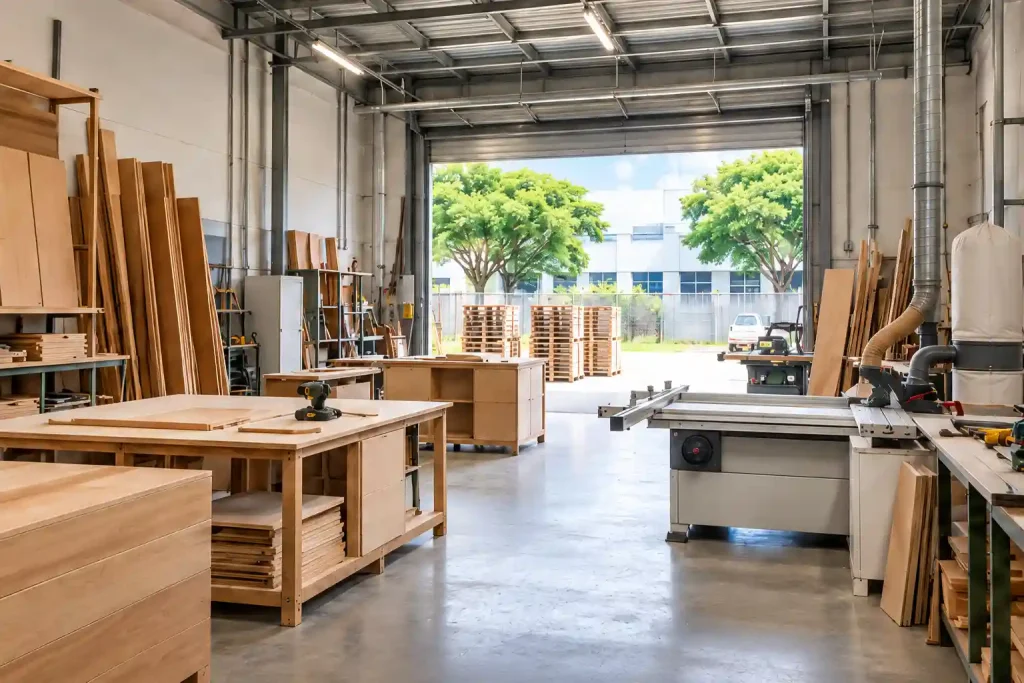 Sunlit woodworking workshop with open doors