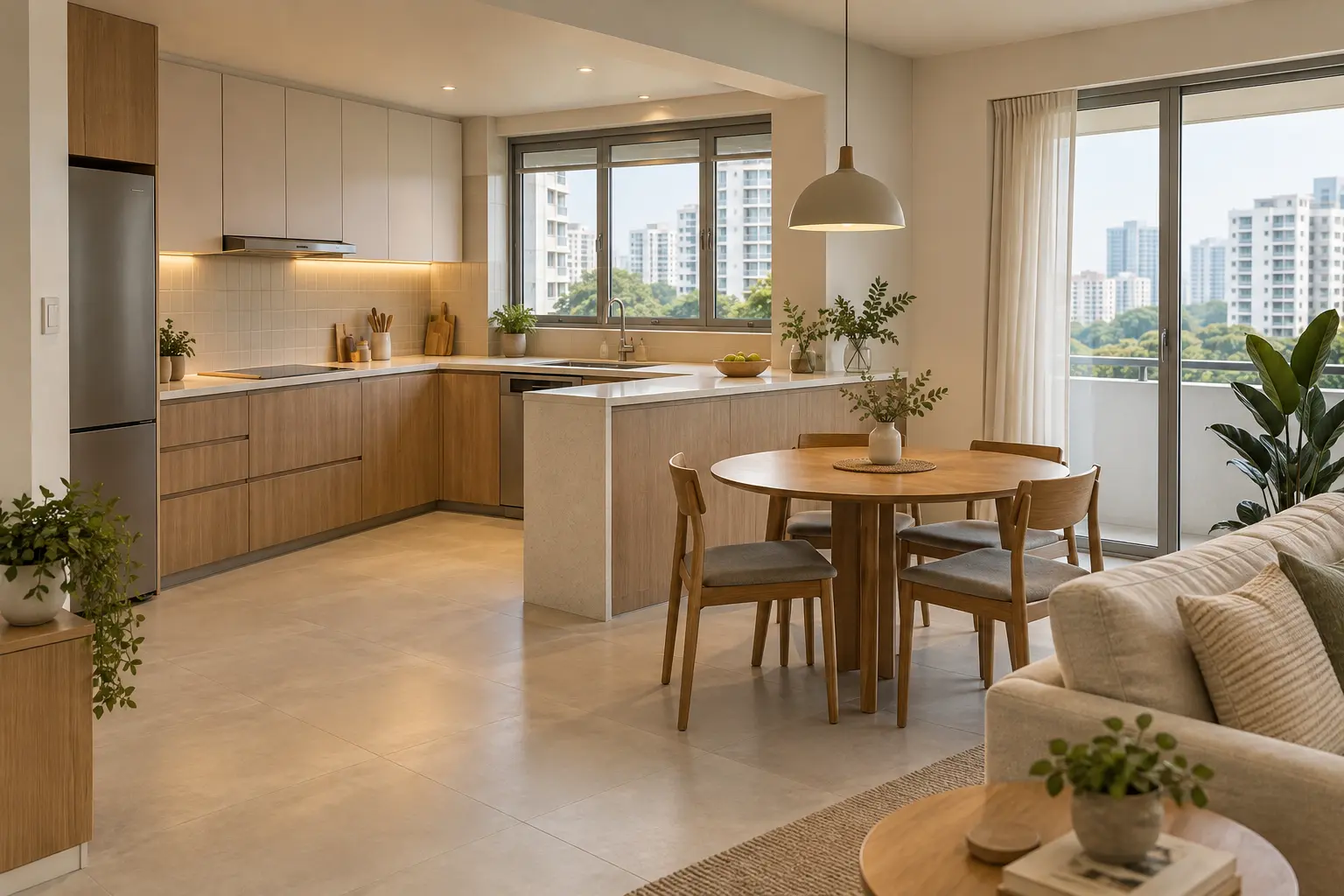 Illustration - open-plan HDB kitchen and dining area with a peninsula counter